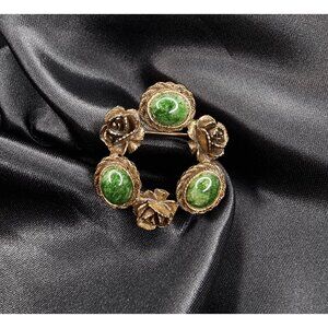 Vintage Brooch With Green Cabochons & Rose Design